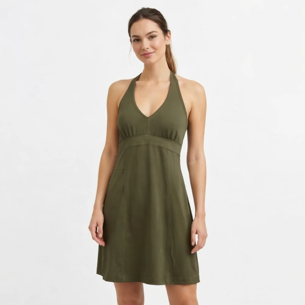 Athleta Olive Green Halter Dress | Athletic Swim Material | Size Small (4-6) - Picture 1 of 6
